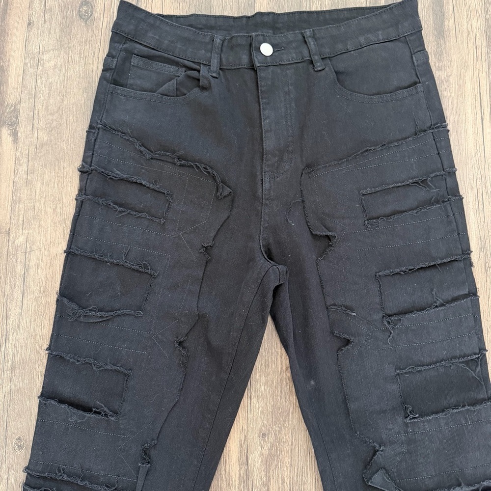 Women’s Black Denim Stacked Jeans Black Distressed Straight Leg Mid Rise Y2K M - Picture 17 of 17